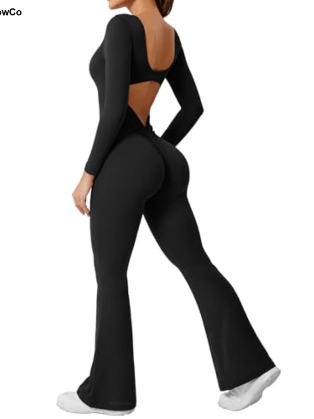 Wide Leg One Piece Jumpsuit Long Sleeve V Back Backless Flare